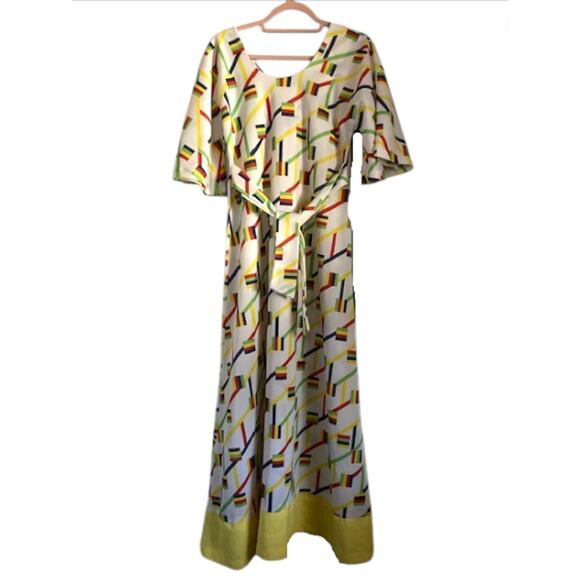 Vintage Yellow Geometric MAXI Dress w/ Attached Belt - M-L - Picture 1 of 8